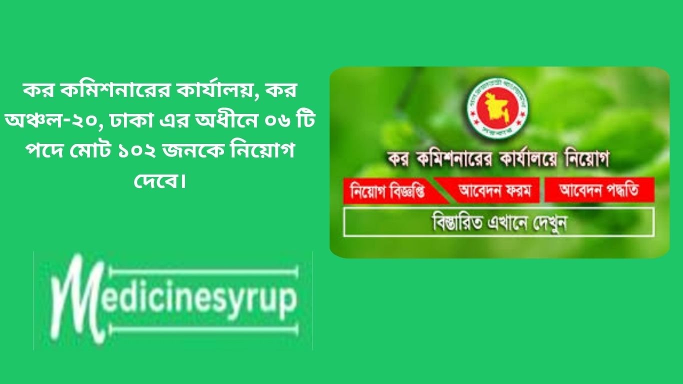 কর কমিশনারের কার্যালয়, কর অঞ্চল-২০, ঢাকা এর অধীনে ০৬ টি পদে মোট ১০২ জনকে নিয়োগ দেবে।