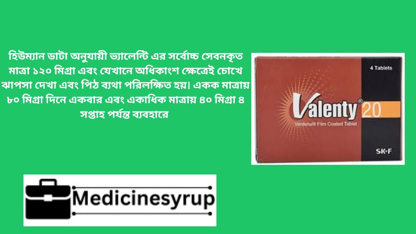 হিউম্যান ডাটা অনুযায়ী ভ্যালেন্টি এর সর্বোচ্চ সেবনকৃত মাত্রা ১২০ মিগ্রা এবং যেখানে অধিকাংশ ক্ষেত্রেই চোখে ঝাপসা দেখা এবং পিঠ ব্যথা পরিলক্ষিত হয়। একক মাত্রায় ৮০ মিগ্রা দিনে একবার এবং একাধিক মাত্রায় ৪০ মিগ্রা ৪ সপ্তাহ পর্যন্ত ব্যবহারে